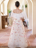 Flower Tulle Pink Off The Shoulder Prom Dress