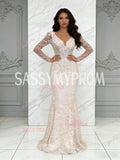 Trumpet Mermaid Beading V Neck Long Sleeve Champagne Wedding Dress