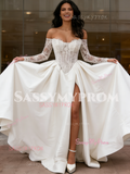 Long Sleeve Satin Lace Off The Shoulder Wedding Dress With Slit