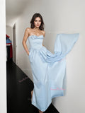 Bowknot Sheath Column Light Blue Strapless Prom Dress With Pockets