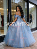 Tulle A Line Blue Sparkle Cold Shoulder Prom Dress