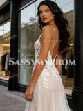 Tulle Champagne A Line Spakle Spaghetti Straps Wedding Dress