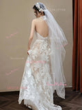 Champagne Lace A Line V Neck Tulle Wedding Dress