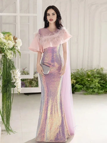 Trumpet Mermaid Scoop Ombre Sequin Feather Prom Dress