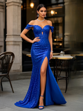 Sequin Trumpet Mermaid Keyhole Off The Shoulder Prom Dress With Slit