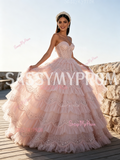 Pearls Ball Gown Ruffles Sweetheart Sequin Pink Prom Dress
