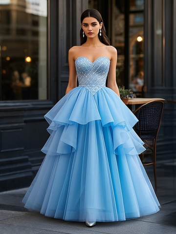 Sweetheart A Line Beading Blue Ruffles Prom Dress