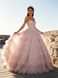 Pearls Ball Gown Ruffles Sweetheart Sequin Pink Prom Dress