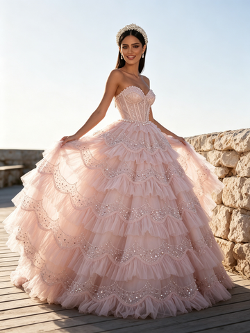 Pearls Ball Gown Ruffles Sweetheart Sequin Pink Prom Dress