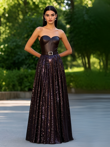 Belt Pleats Sequin Brown Sweetheart A Line Prom Dress