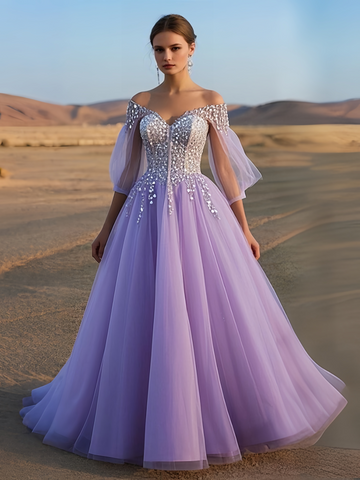 Beading A Line Lavender Tulle Long Sleeve Prom Dress