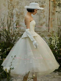 Strapless Tea Length Appliques Satin Wedding Dress