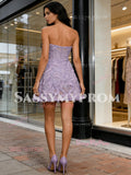 Short Mini Beading Tulle Purple Strapless Prom Dress