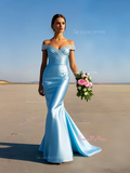 Ruched Light Blue Trumpet Mermaid Beading Off The Shoulder Prom Dress