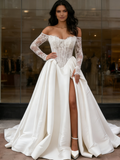 Long Sleeve Satin Lace Off The Shoulder Wedding Dress With Slit