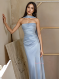 Stain Sheath Column Strapless Blue Prom Dress With Slit