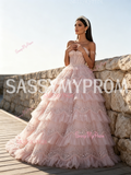Pearls Ball Gown Ruffles Sweetheart Sequin Pink Prom Dress