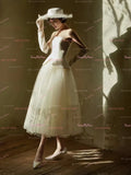 Strapless Tea Length Appliques Satin Wedding Dress