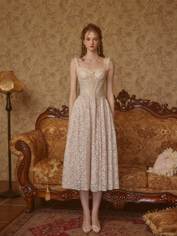 Lace Spaghetti Straps Tea Length Champagne Prom Dress