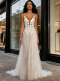 Tulle Champagne A Line Spakle Spaghetti Straps Wedding Dress