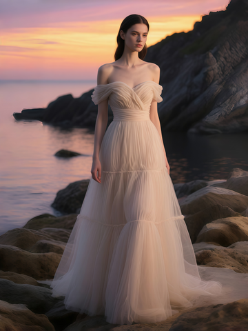 Tulle A Line Pleats Off The Shoulder Champagne Wedding Dress