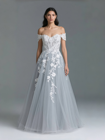 Off The Shoulder Appliques Light Gray Wedding Dress