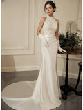 Trumpet Mermaid Satin High Neck Lace Wedding Dress