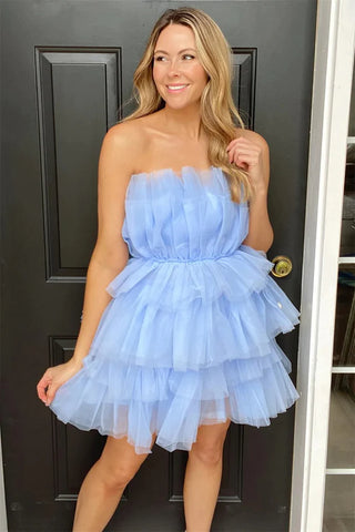 A Line Tulle Short Sky Blue Tiered Homecoming Dress