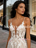 Tulle Champagne A Line Spakle Spaghetti Straps Wedding Dress
