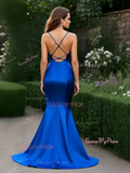 Spaghetti Straps Royal Blue Trumpet Mermaid Backless Prom Dress