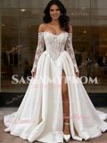 Long Sleeve Satin Lace Off The Shoulder Wedding Dress With Slit
