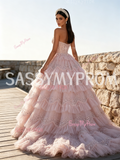 Pearls Ball Gown Ruffles Sweetheart Sequin Pink Prom Dress