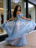 Tulle A Line Blue Sparkle Cold Shoulder Prom Dress