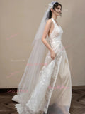 Champagne Lace A Line V Neck Tulle Wedding Dress
