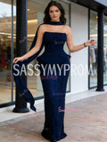 Sheath Column Strapless Satin Black Shawl Prom Dress