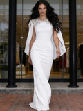 Trumpet Mermaid Beading White Cape Satin Prom Dress