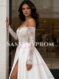 Long Sleeve Satin Lace Off The Shoulder Wedding Dress With Slit