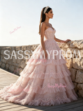 Pearls Ball Gown Ruffles Sweetheart Sequin Pink Prom Dress