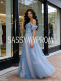 Tulle A Line Blue Sparkle Cold Shoulder Prom Dress