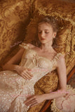 Lace Spaghetti Straps Tea Length Champagne Prom Dress
