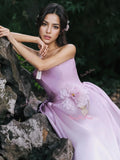 A Line Flower Satin Purple Strapless Prom Dress