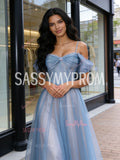 Tulle A Line Blue Sparkle Cold Shoulder Prom Dress
