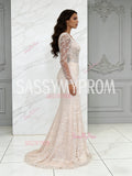Trumpet Mermaid Beading V Neck Long Sleeve Champagne Wedding Dress