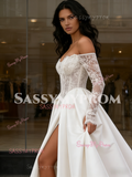 Long Sleeve Satin Lace Off The Shoulder Wedding Dress With Slit
