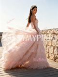 Pearls Ball Gown Ruffles Sweetheart Sequin Pink Prom Dress