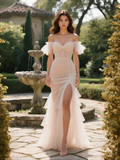 Ruffles Trumpet Mermaid Off The Shoulder Wedding Dress With Slit