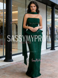 Sheath Column Strapless Satin Black Shawl Prom Dress