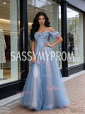 Tulle A Line Blue Sparkle Cold Shoulder Prom Dress