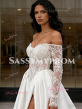 Long Sleeve Satin Lace Off The Shoulder Wedding Dress With Slit