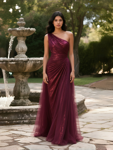 SImple Grape Sequin One Shoulder Tulle Prom Dress